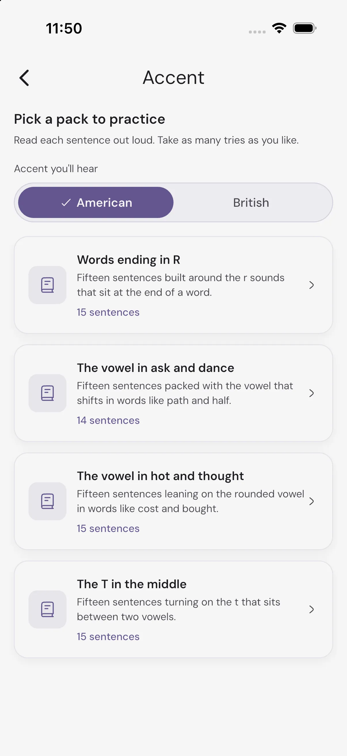 Accent training in the PractE app: an American or British picker above packs like Words ending in R and The T in the middle
