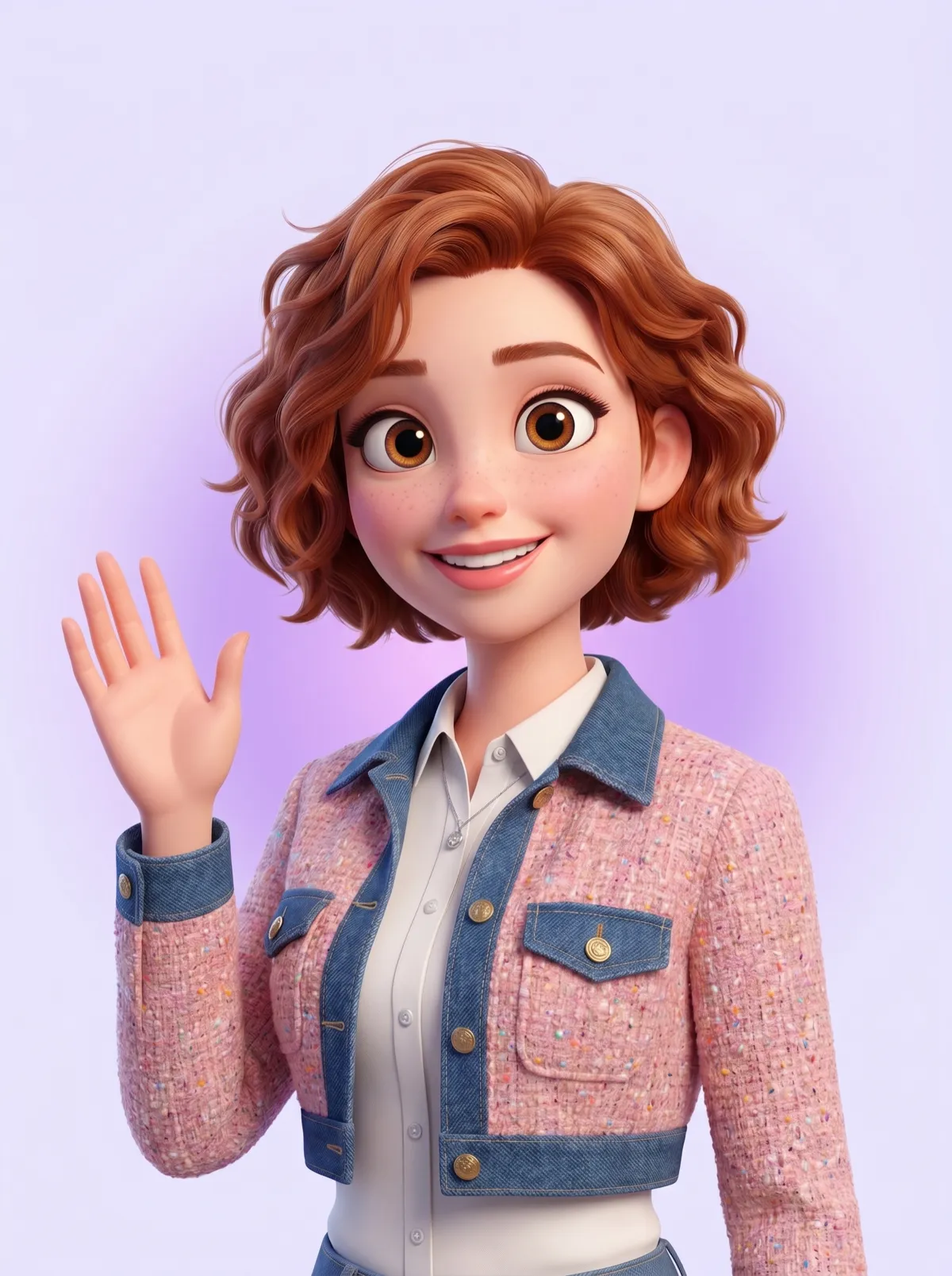 Ava, PractE's AI speaking tutor — a friendly illustrated woman with wavy auburn hair waving hello