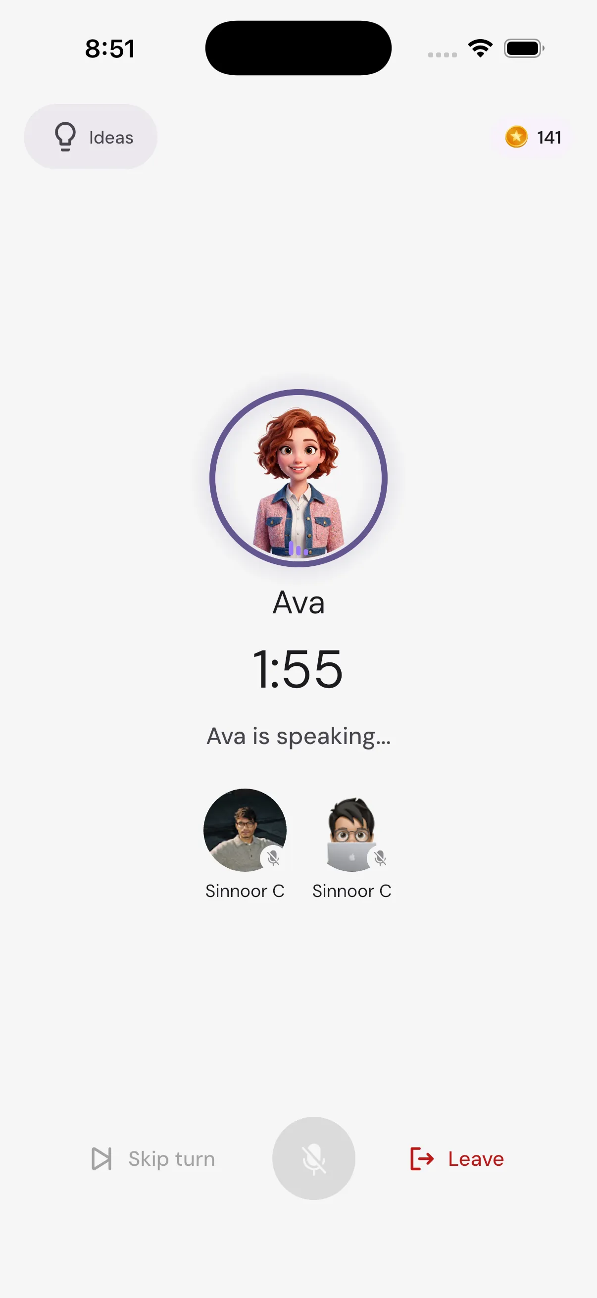 Live one-on-one session with Ava in the PractE app: 'Ava is speaking…' with the turn timer running