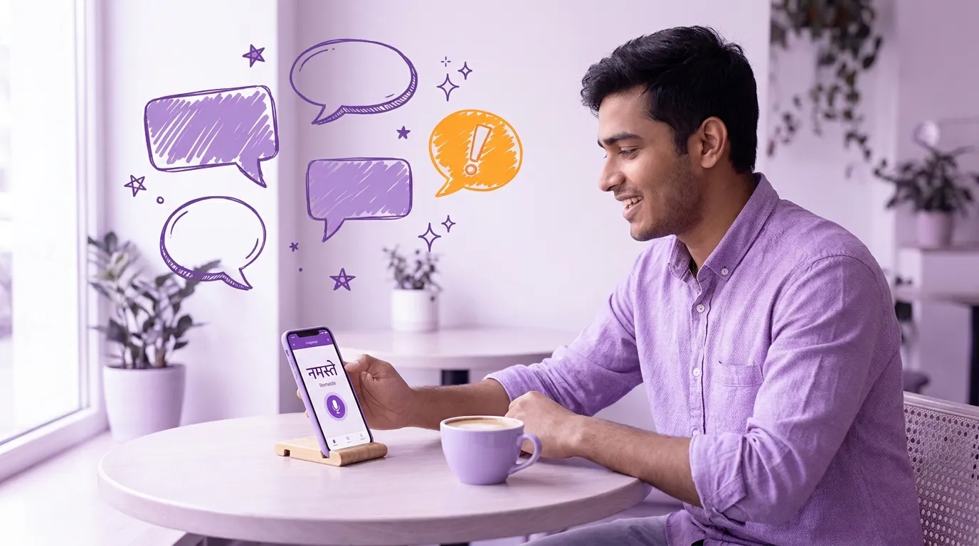 A young man sits at a cafe table talking to his phone propped on a small stand with a coffee beside him, hand-drawn purple speech bubbles and stars doodled above him and one bubble in orange