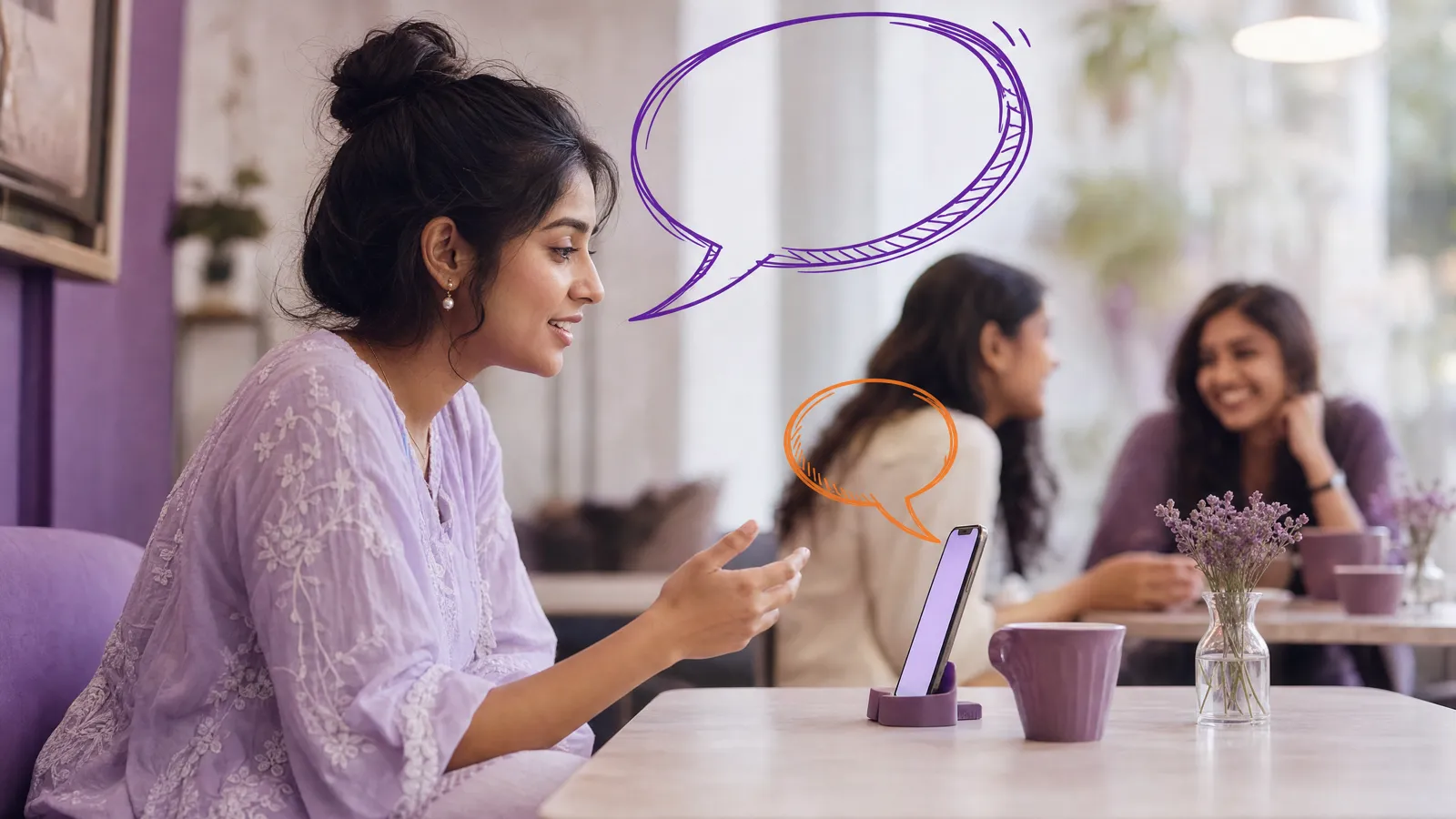 A young woman speaks to her phone propped on a stand at a cafe table while two friends chat in the background, doodled speech bubbles rising from her and the phone