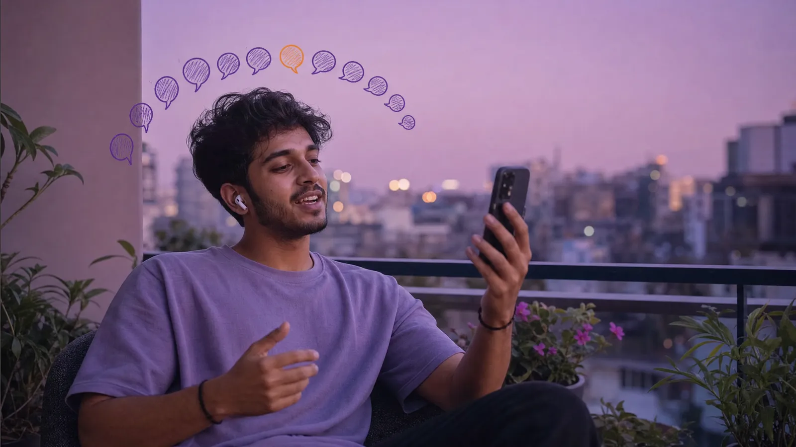 A young man on a balcony at dusk smiles and talks to his phone, a row of small doodled speech bubbles arcing over his head