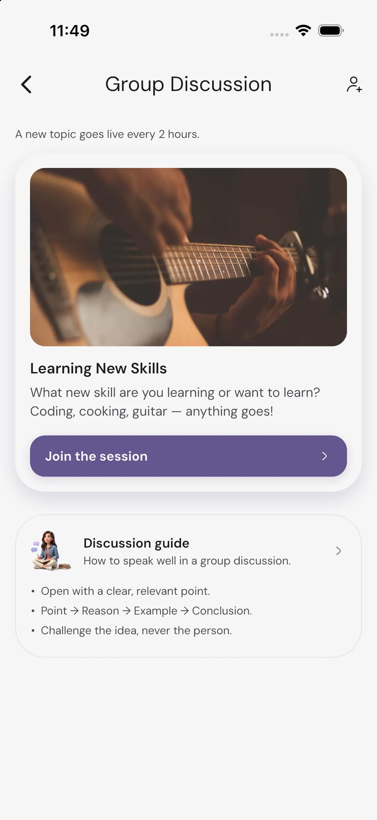 PractE Group Discussion screen showing today's live topic, Learning New Skills, with a Join the session button and the Discussion guide below it
