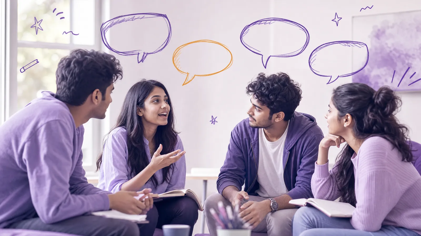 Four students sit in a circle in an animated group discussion, one gesturing mid-sentence, hand-drawn speech bubbles doodled above the group with one in orange