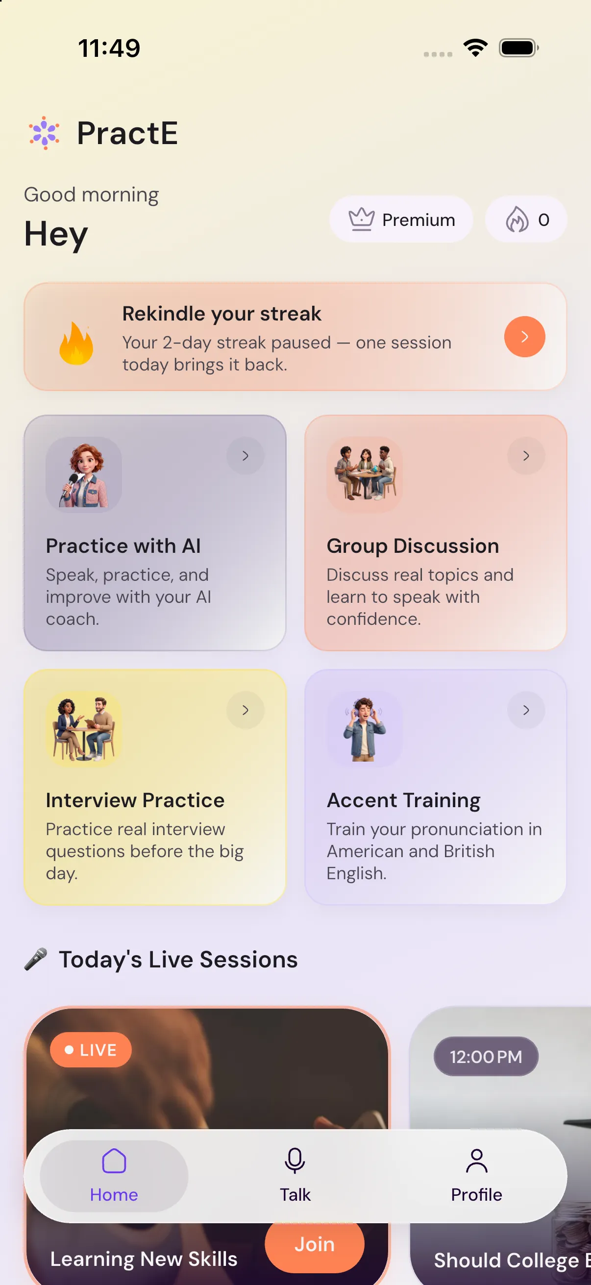 PractE app home screen showing the four practice modes — an AI speaking coach, live group discussion, interview practice and accent training — above today's live sessions and a live topic ready to join
