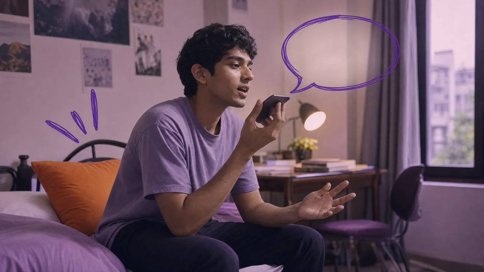 A young man sits on the edge of his bed in the evening, speaking into his phone held up like a voice recorder, a hand-drawn speech bubble doodled beside him