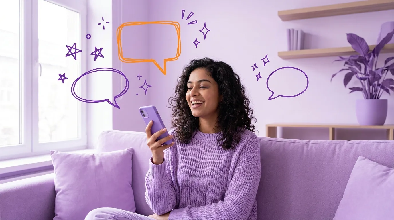 A young woman sits on a sofa at home holding her phone and speaking into it, smiling, with hand-drawn purple speech bubbles and stars doodled around her and one bubble in orange