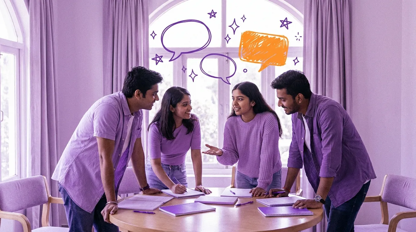Four young students gather around a table in a study room in an animated group discussion, one gesturing mid-point, with hand-drawn purple speech bubbles and stars doodled above them and one bubble in orange