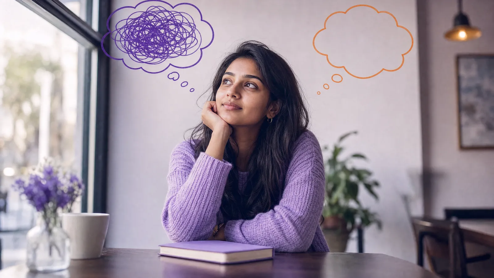 A young woman at a cafe window gazes upward in thought, one doodled thought bubble above her filled with a tangled purple scribble and a clean empty orange one beside it
