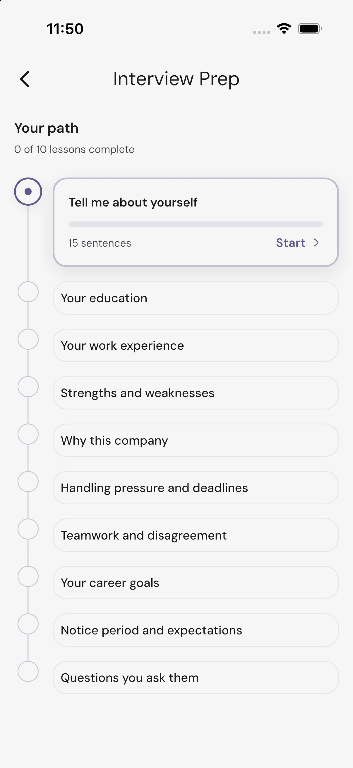 Interview Prep in the PractE app: a path of ten packs, starting with Tell me about yourself, each holding fifteen sentences