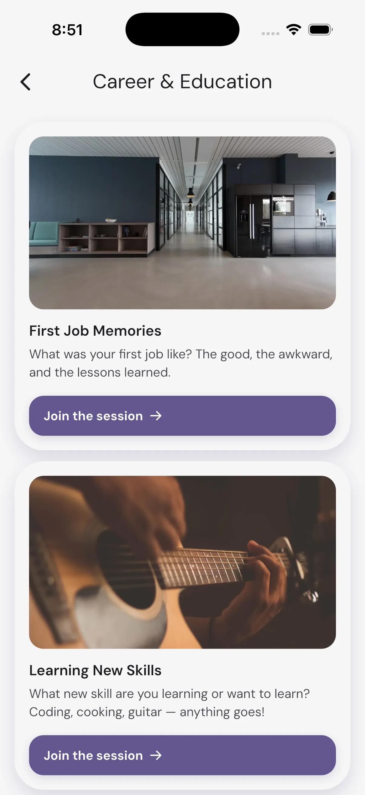 PractE session list for Career & Education with live discussions like First Job Memories and Learning New Skills, each with a Join the session button
