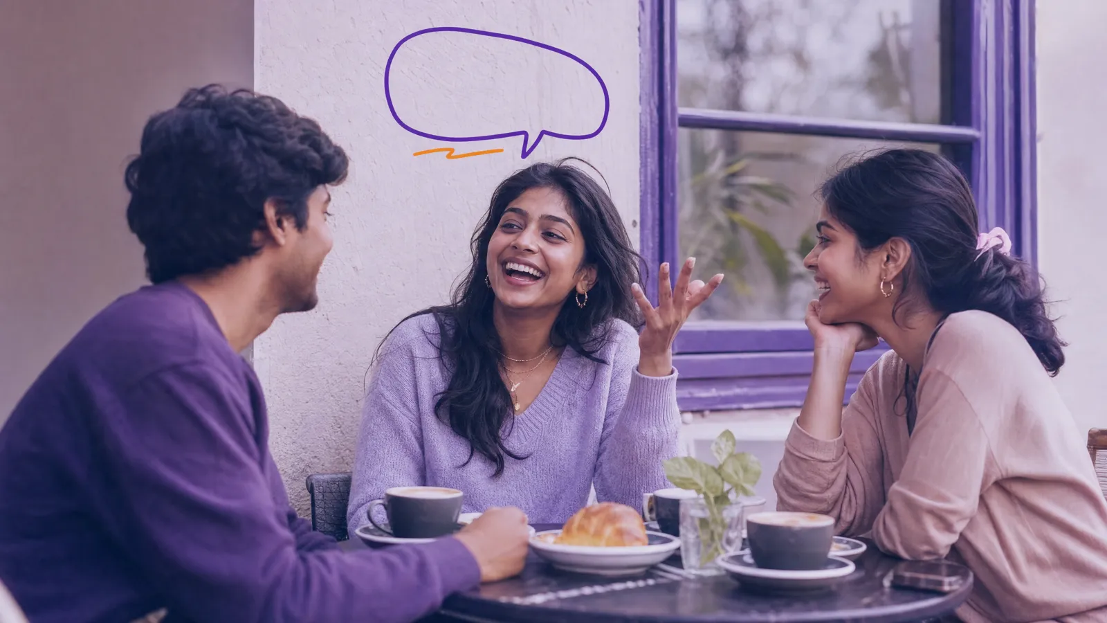 Three friends laugh together mid-conversation at a cafe table, a wobbly hand-drawn speech bubble doodled above them