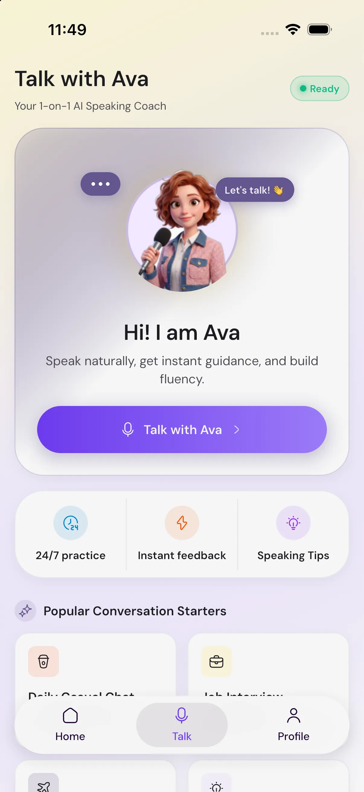 The Talk tab in the PractE app: Ava's profile with 'Hi! I am Ava', a Talk with Ava button, and 24/7 practice alongside Speaking Tips