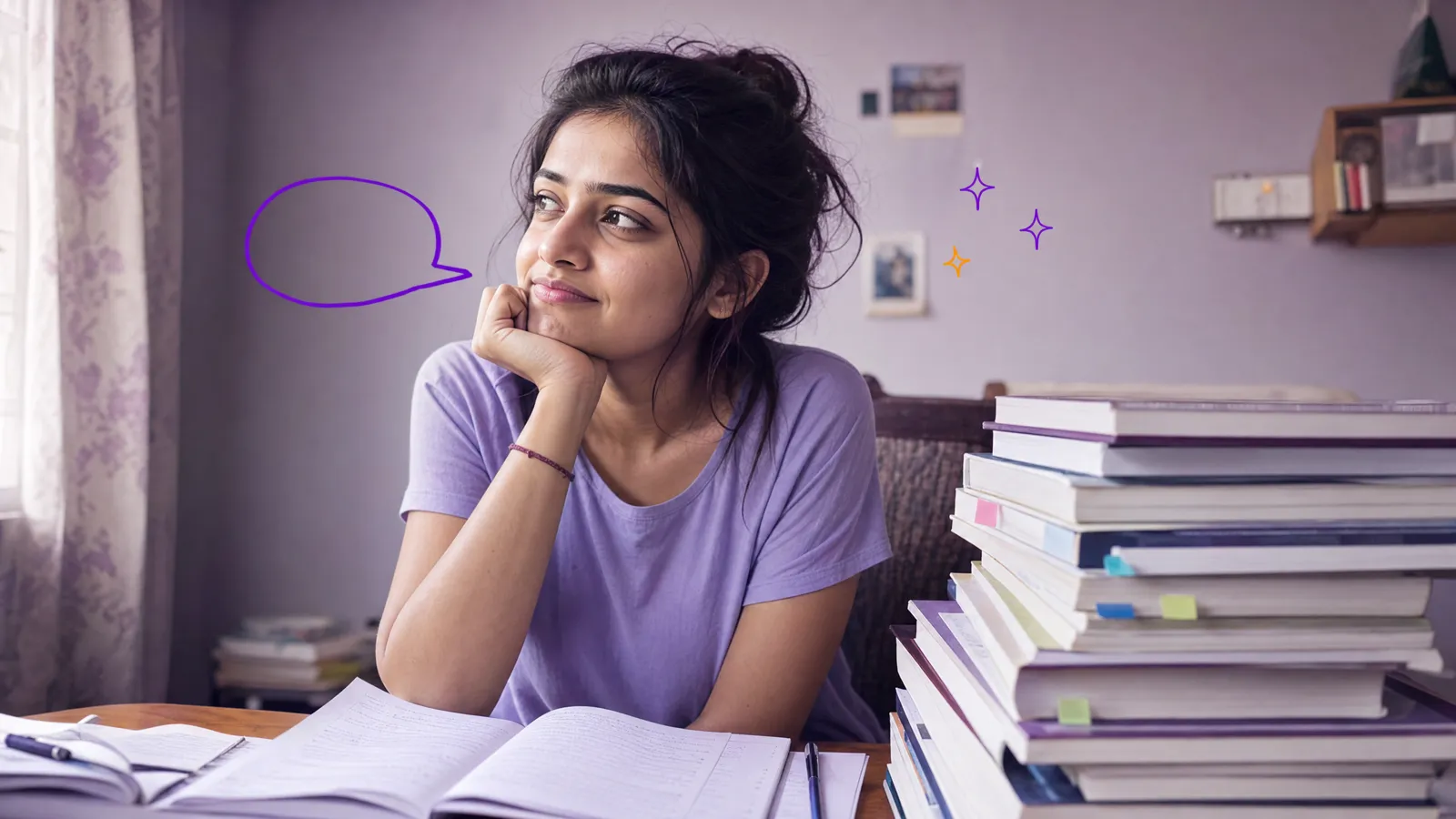 A young woman at a desk stacked with English textbooks gazes away from her books, a hand-drawn speech bubble doodled beside her